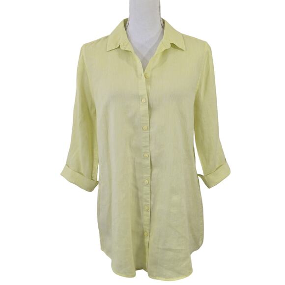 CHICO'S! LINEN LUXE! PALE LIME 3/4 NOTCH SLEEVE OVERSIZE BUTTON UP BLOUSE!SZ 4/6 - Picture 2 of 9